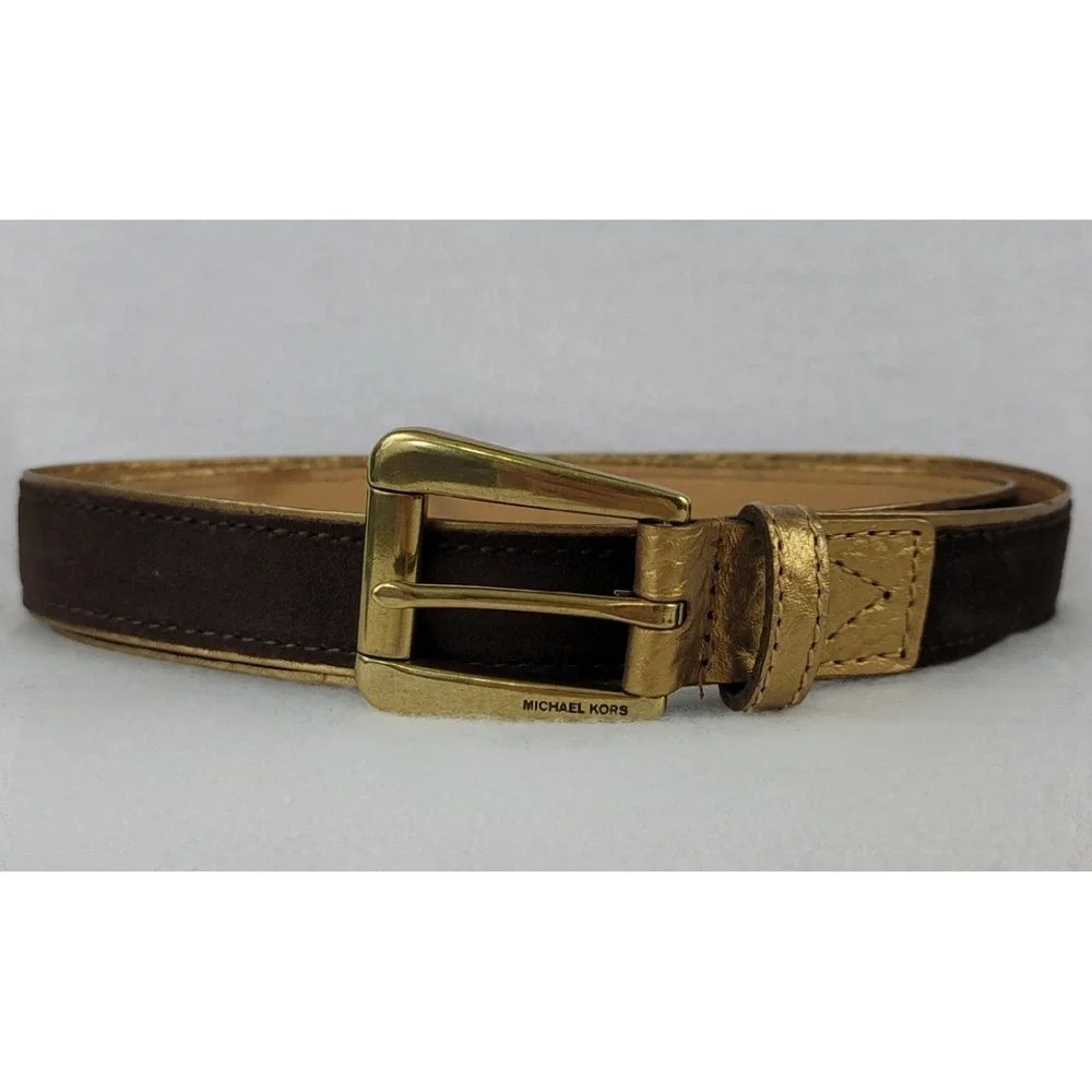 Michael Kors Womens Medium Brown Suede Gold Metallic Leather Belt Vintage 2002